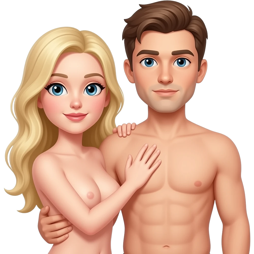 A naked white woman with blonde hair holding a naked white male with brown hair emoji