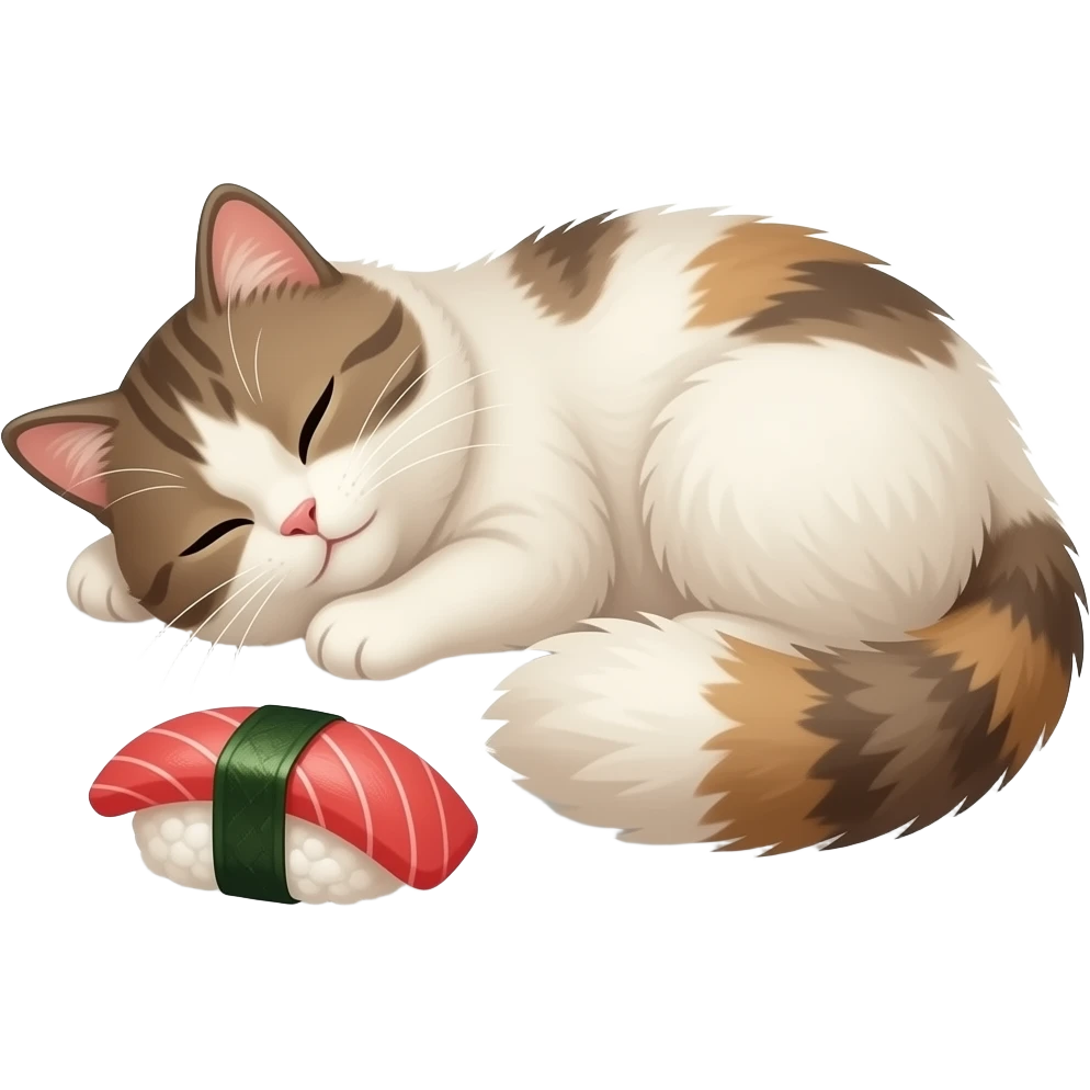a cat napping next to a piece of tuna nigiri emoji