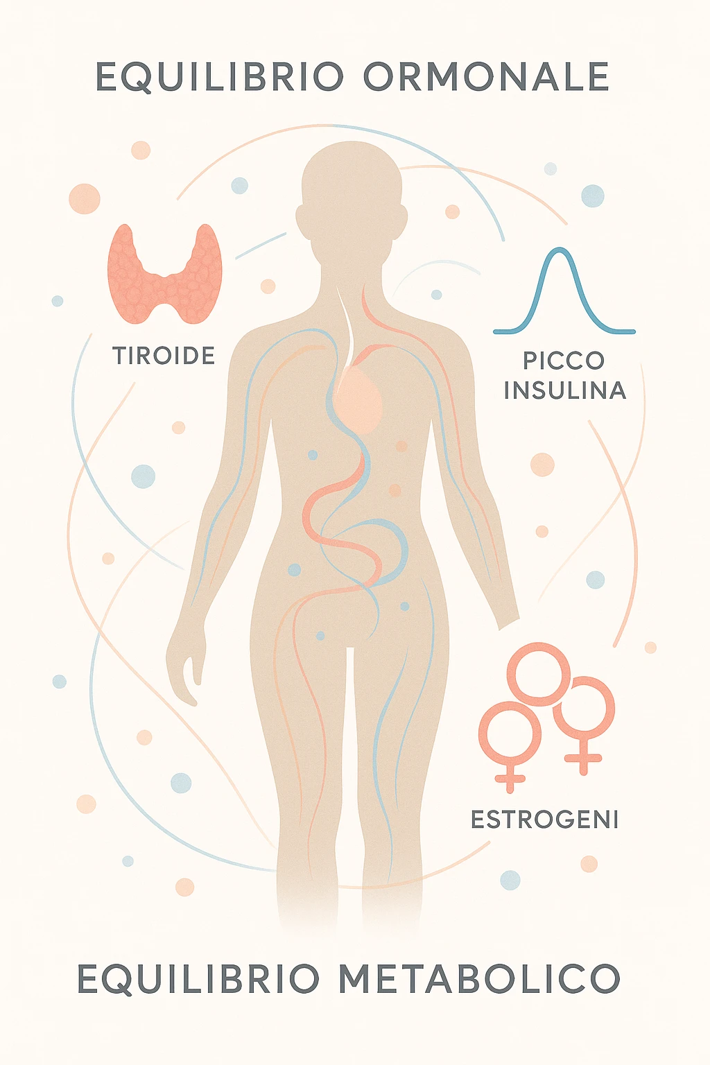 Il corpo è circondato da simboli delicati e bilanciati che rappresentano equilibrio ormonale e metabolico: piccoli cerchi, flussi energetici colorati, simboli stilizzati di tiroide, picco insulina, estrogeni. 4k immagine in italiano emoji