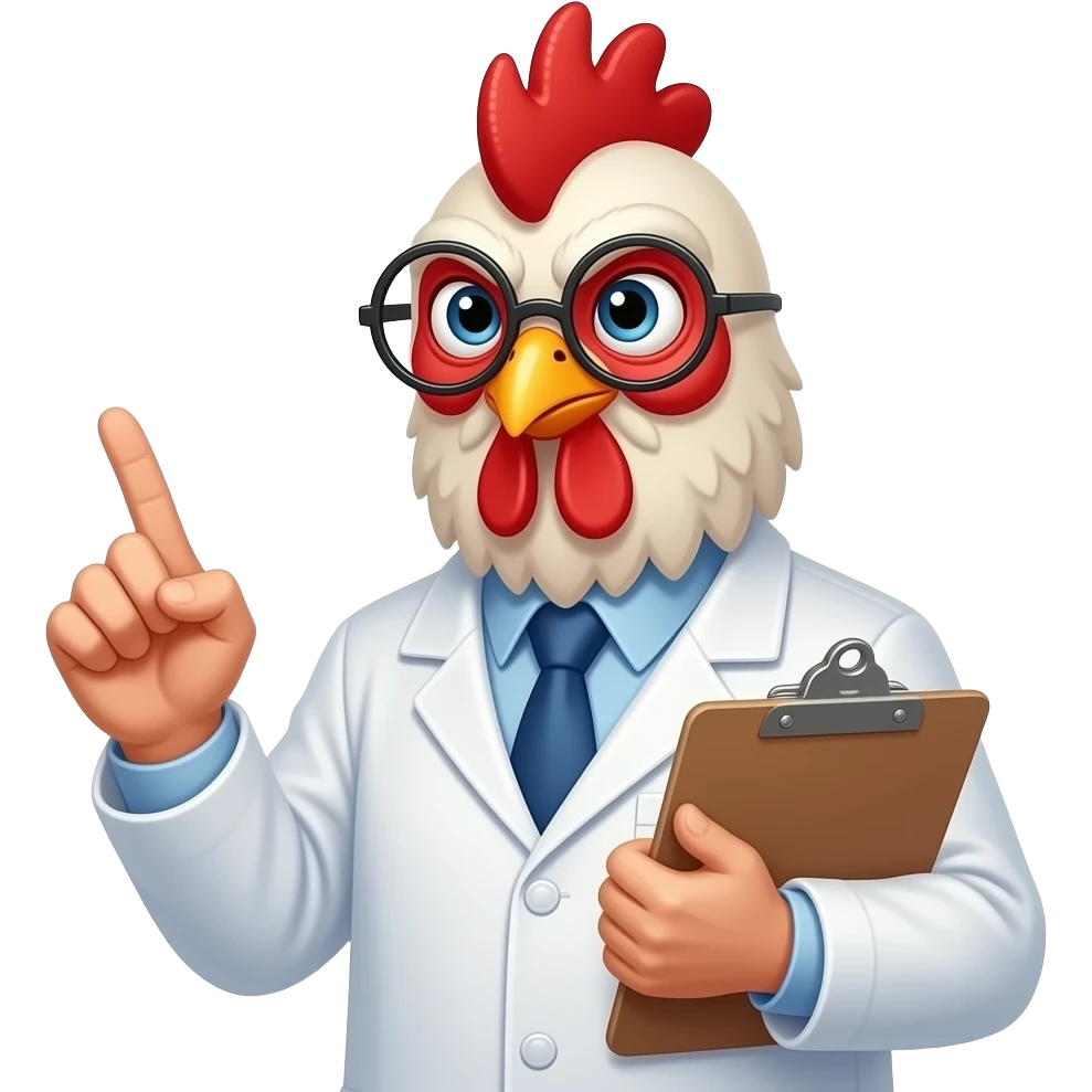 Older chicken in a lab coat with glasses holding a clipboard judging you emoji