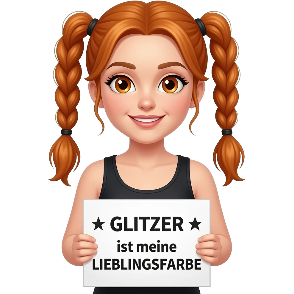 sexy girl with long ginger braids and ginger eyes wearing a black tanktop and is holding a white sign with ☆GLITZER☆ ist meine LIEBLINGSFARBE written on it emoji