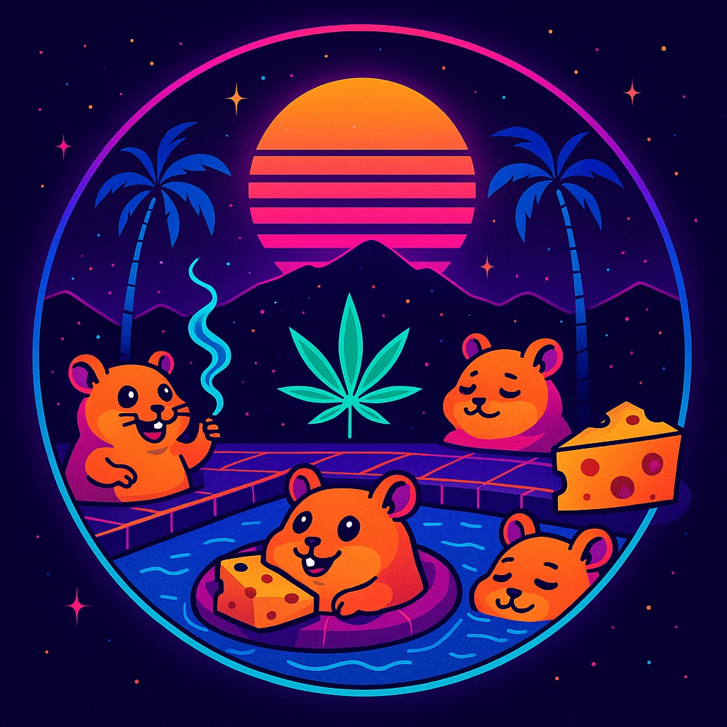 circular Discord server icon, centered composition of a hamster cult weed and cheese pool party at night, synthwave 80s style, glowing lines, retro sun, spacey atmosphere emoji