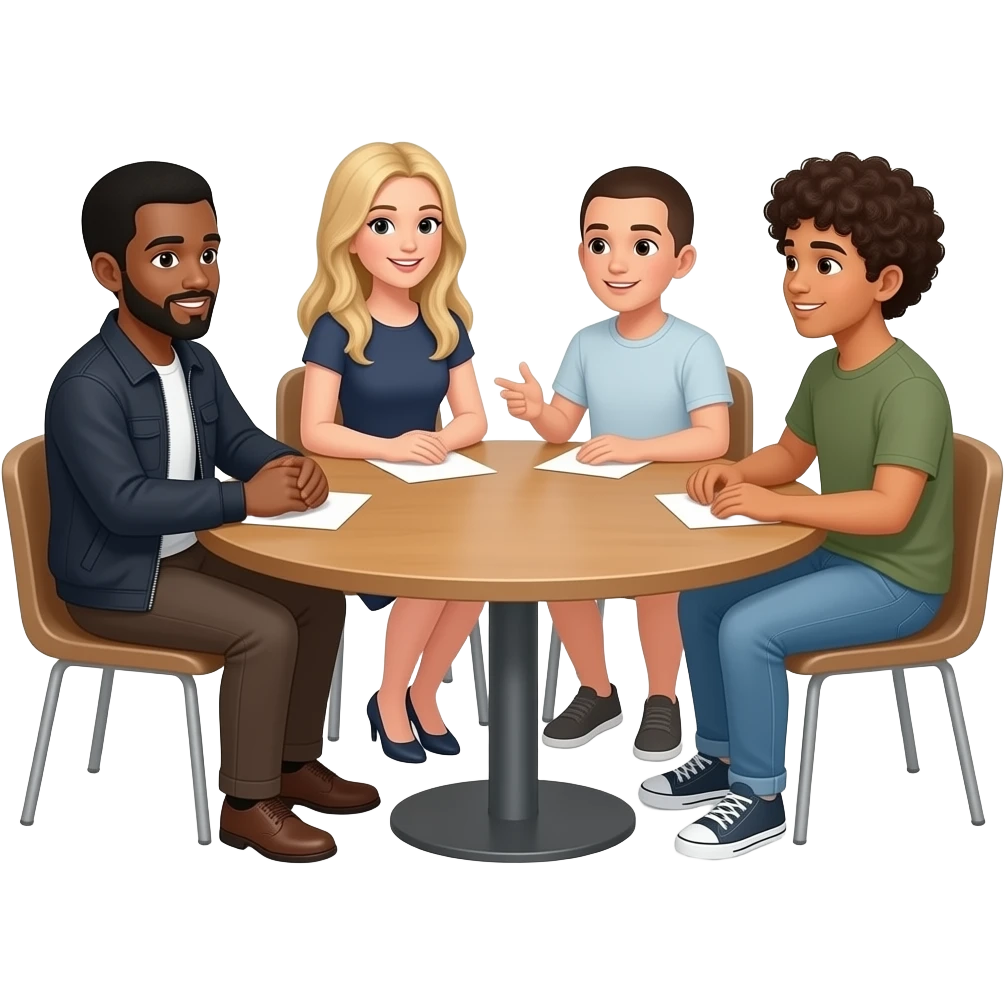 4 personas hablando en ronda sentados. que incluya un hombre una mujer un joven. que se note diferencias fisicas de color de piel pelo y estatus social emoji