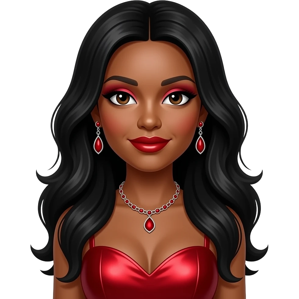 Cindy Herron from En Vogue with dark brown eyes, long black hair, red eyeshadow and lipstick, red metallic sweetheart dress, red necklace and earrings emoji