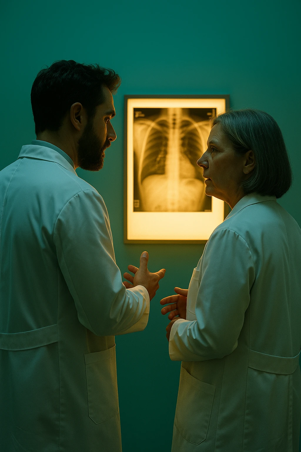 Realistic, detailed photo taken from behind of two doctors—a bearded man and a middle-aged woman—standing and facing each other as they discuss a diagnosis in front of a medical chart. The scene is illuminated by a yellowish, orange, warm light that softly envelops the doctors. The entire room is bathed in a single green-blue color, creating a cohesive and modern atmosphere. Both doctors wear white coats, and their body language suggests a serious, professional conversation. Shot with a Canon EOS R5, with high detail and natural depth of field. emoji