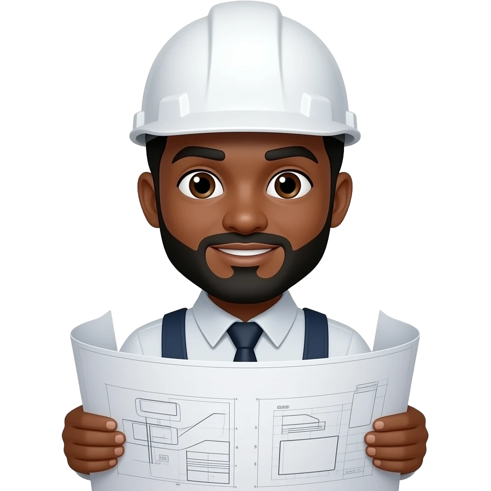 Ingeniero, morenito, casco blanco, con poquita barba, ojos cafe, y sosteniendo planos con cabello negro y barba tambien negra emoji