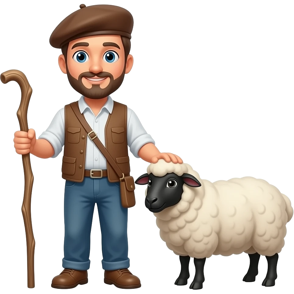 Un homme Berger avec un bâton et un mouton et un béret sur la tête emoji