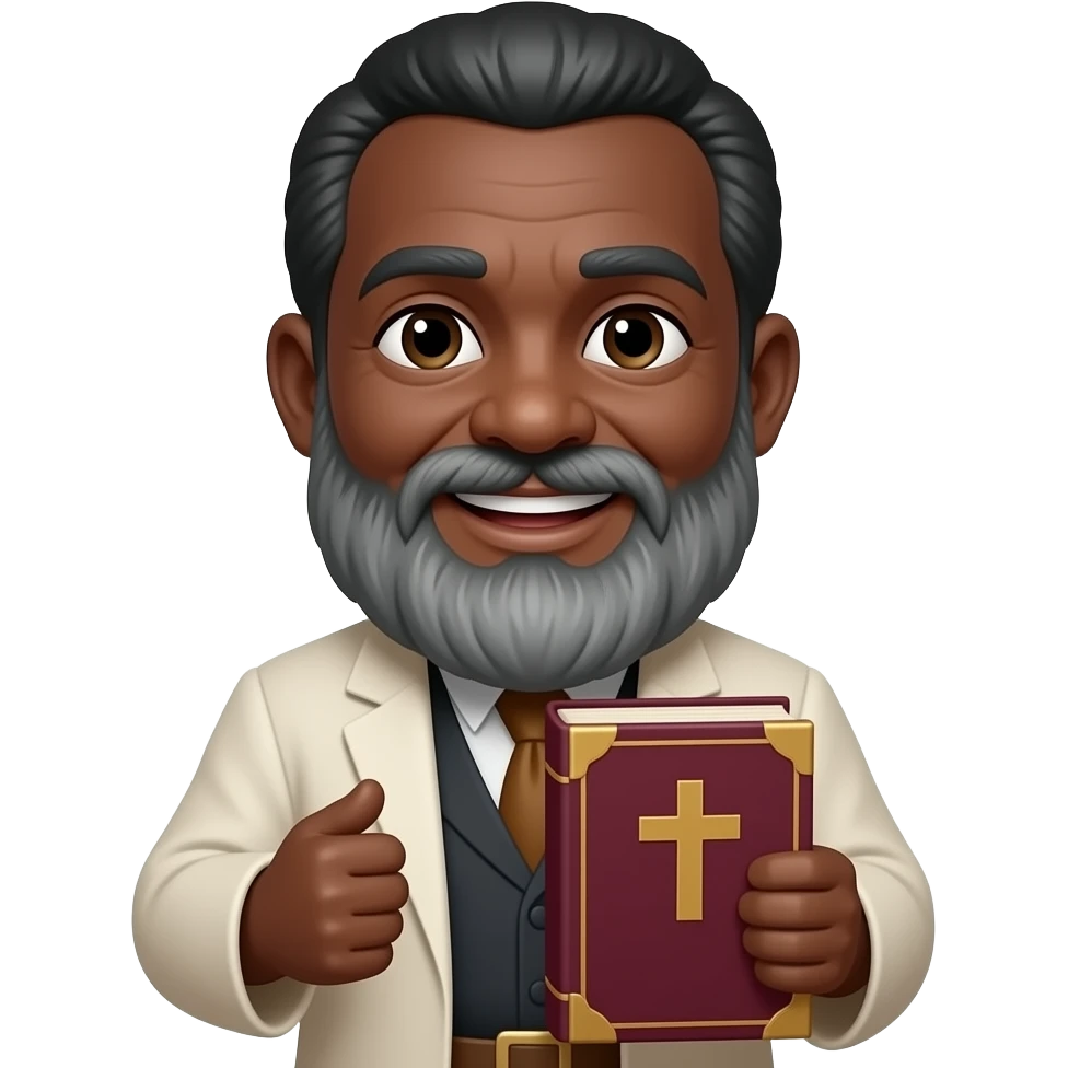 wise old man with greying black hair white beard black skin smile with burgundy book that has a cross on it emoji
