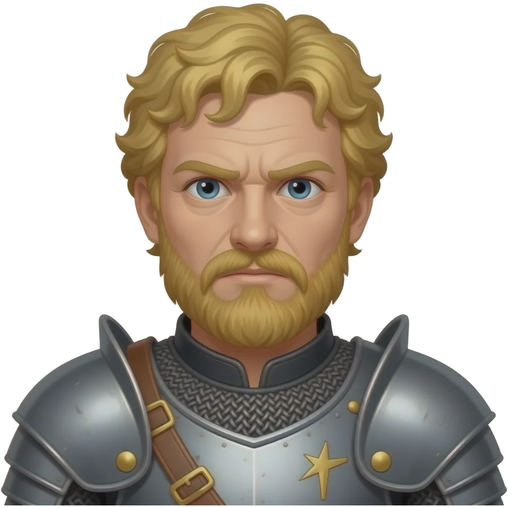 A weary white mean with short curly golden hair with flecks of grey and a shaggy yellow beard. He has hollowed out eyes and is very cynical. He is in his mid thirties. He is wearing Lannister armour. emoji