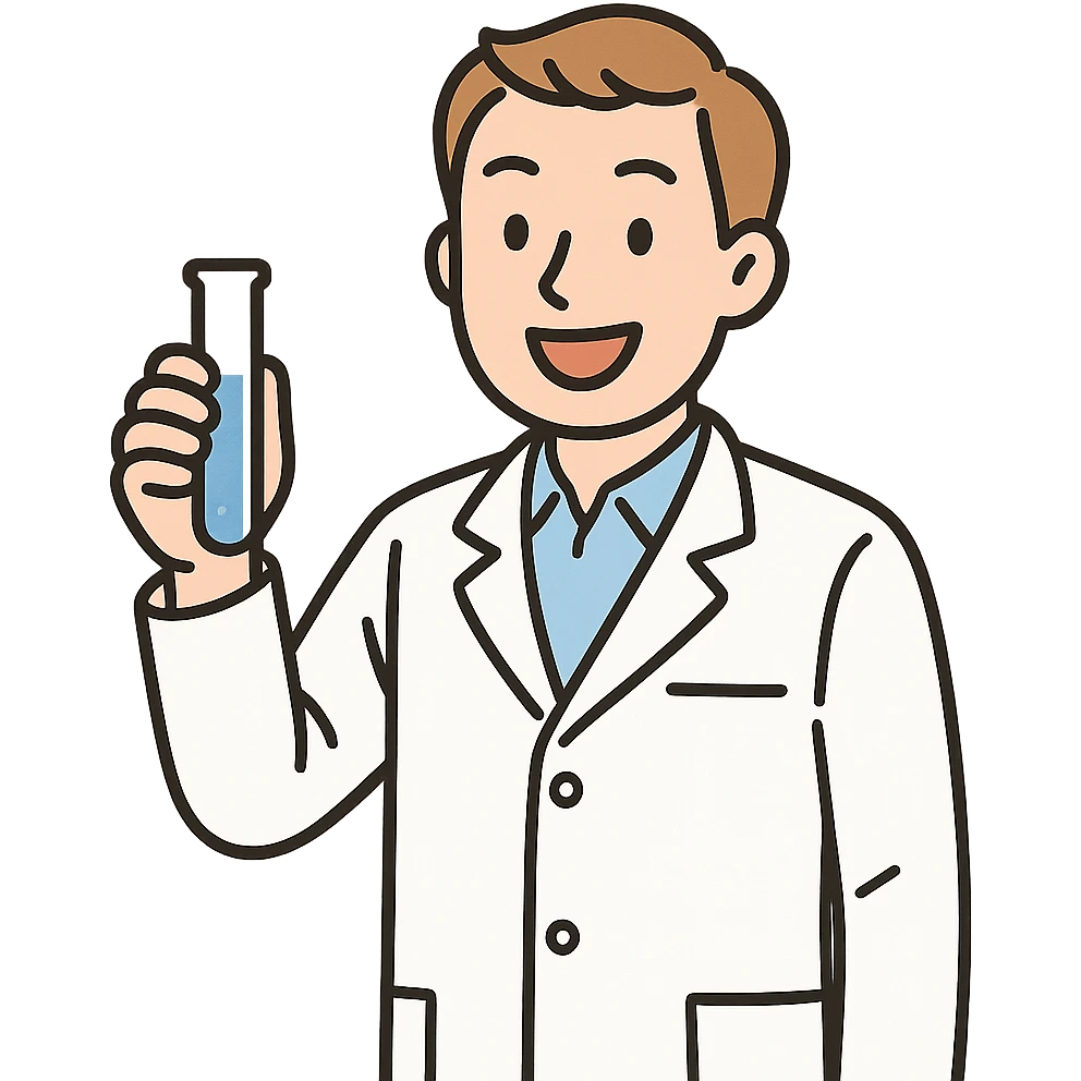 scientist in a lab coat holding a test tube cheerful expression simple background emoji