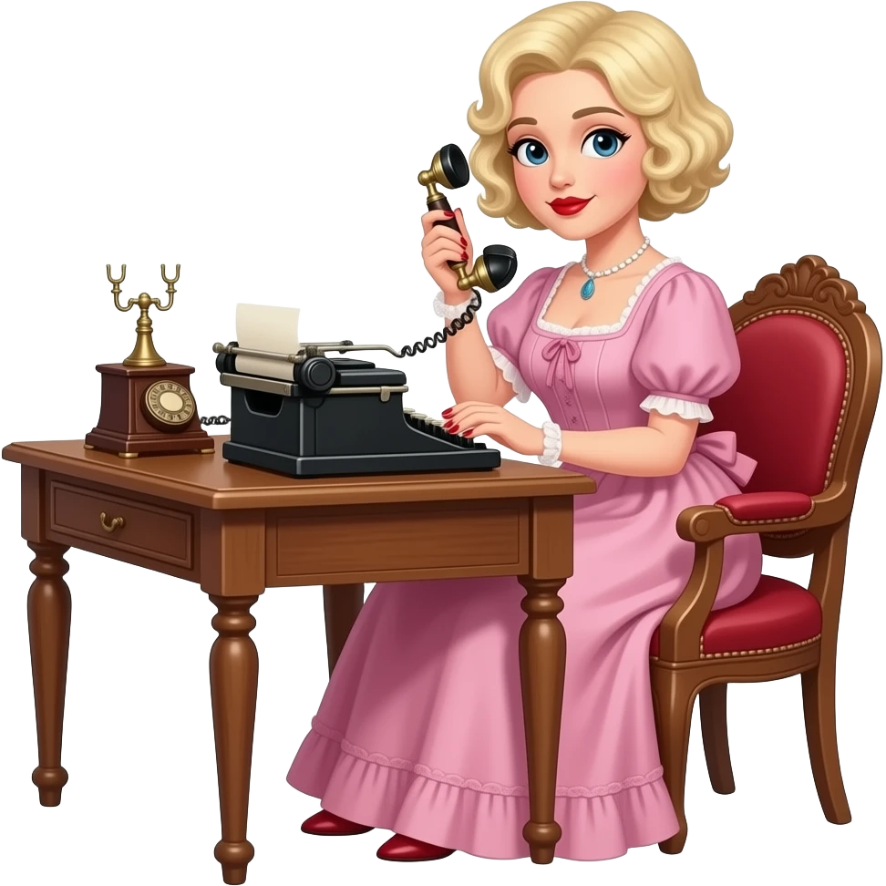 short blonde curly pixie bob hair in a 1800 pink outfit sitting down an antique desk with four wood legs, antique phone, and typing on an antique typewriter with red lipstick, red finger nails and in a Victorian setting emoji