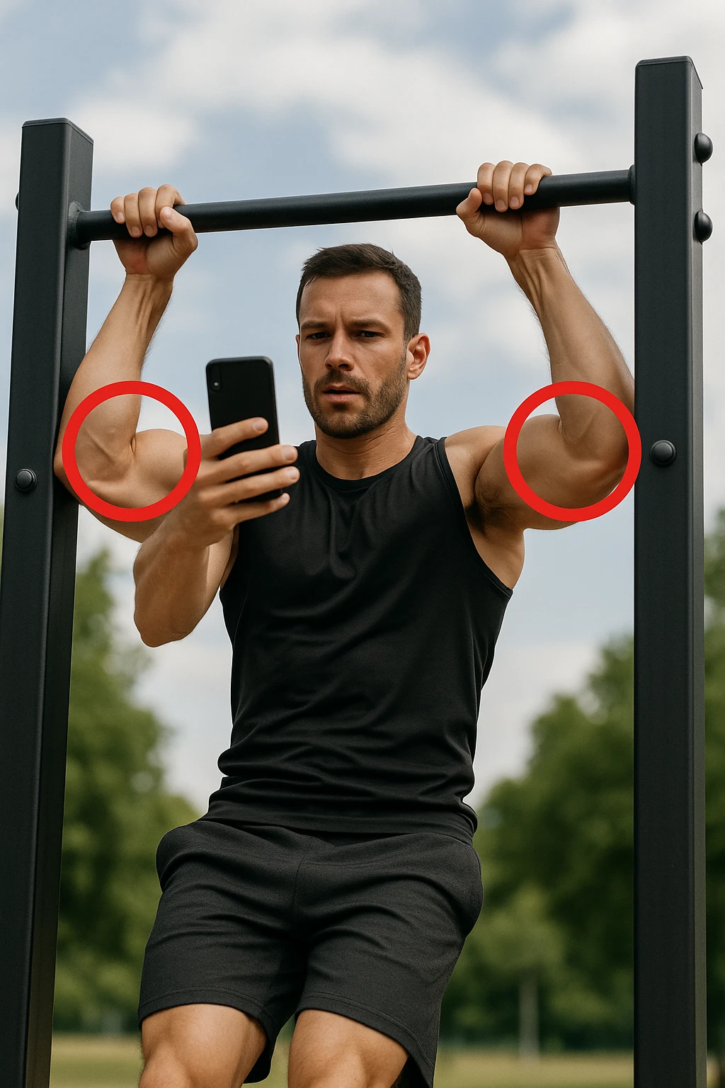uomo che fa Muscle up e si sta filmando davanti con il telefonino per vedere la sua posizione dei gomiti e delle mani sulla sbarra, fai dei cerchi per indicara i gomiti emoji