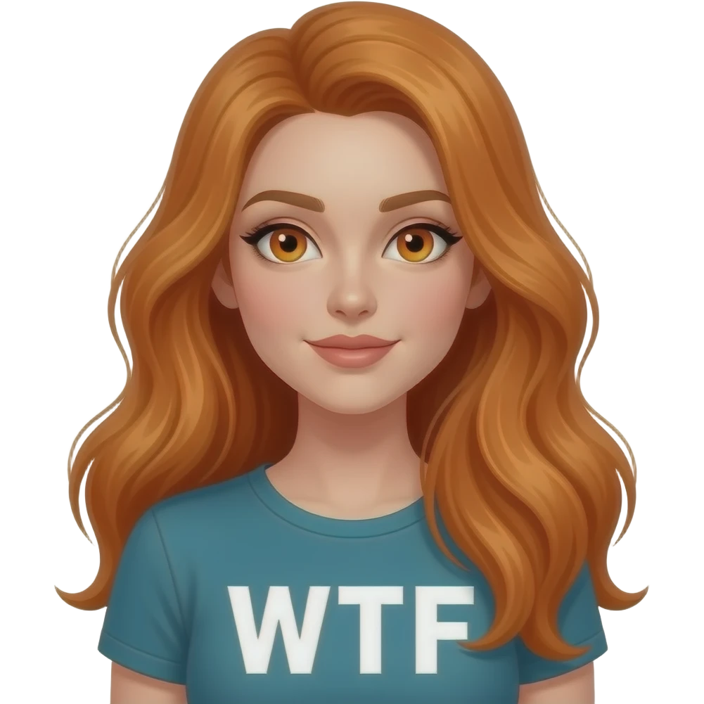 sexy girl with overlong ginger hair and ginger eyes a top with WTF written on it emoji