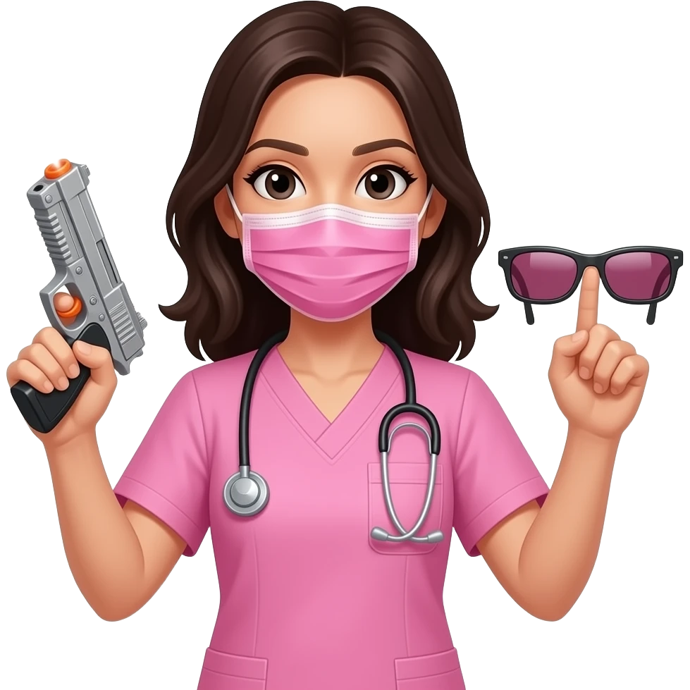 Mejer joven de cabello oscuro y piel clara con uniforme medico rosado del torso hacia arriba con los brazos a los lados mostrando en una mano una pistola láser y en la otra las gafas para hacer remoción láser, debe llevar tapabocas rosado, tipo emoji de iphone emoji