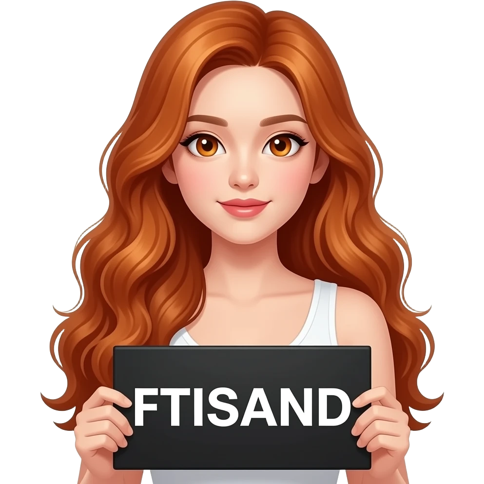 sexy girl with long wavy ginger hair and ginger eyes wearing a white tanktop is holding a black colored sign with FTISLAND written on it emoji
