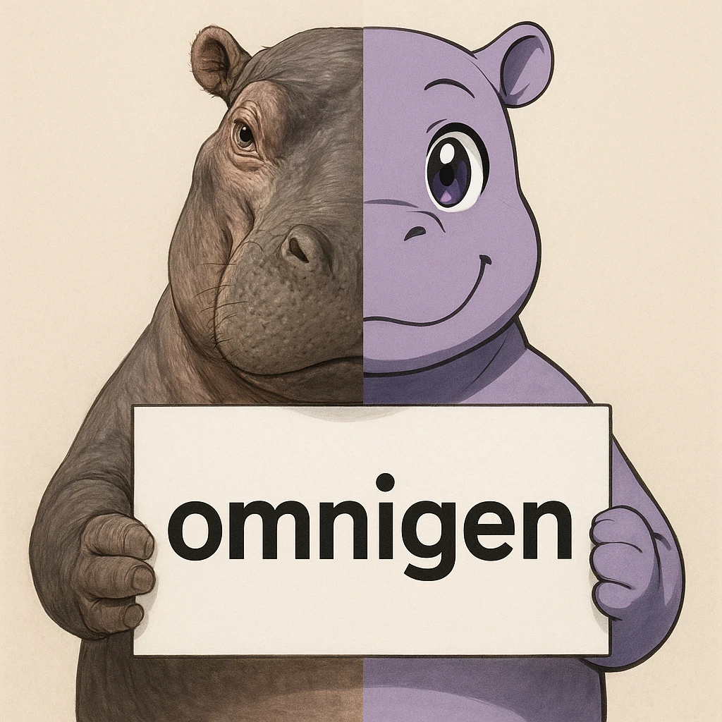 a hippo holding sign of omnigen, half picture hippo is realistic another hald is the anime of that same hippo emoji