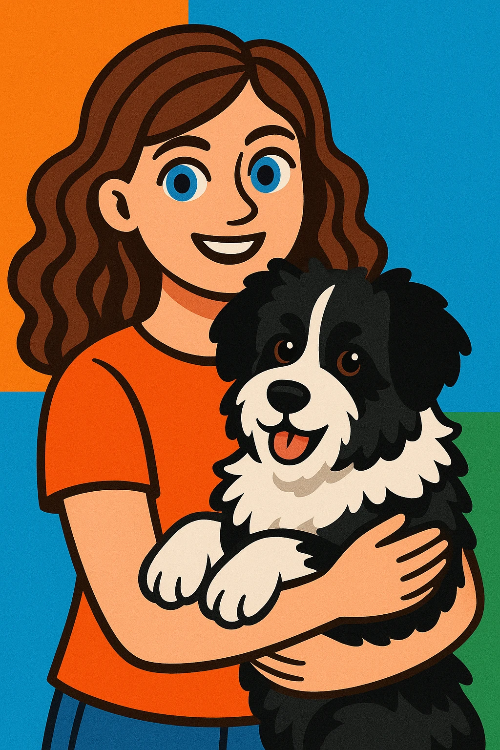 friendly modern illustration of a Baltic white girl with brunette wavy hair and blue eyes, holding her black and white fluffy dog emoji