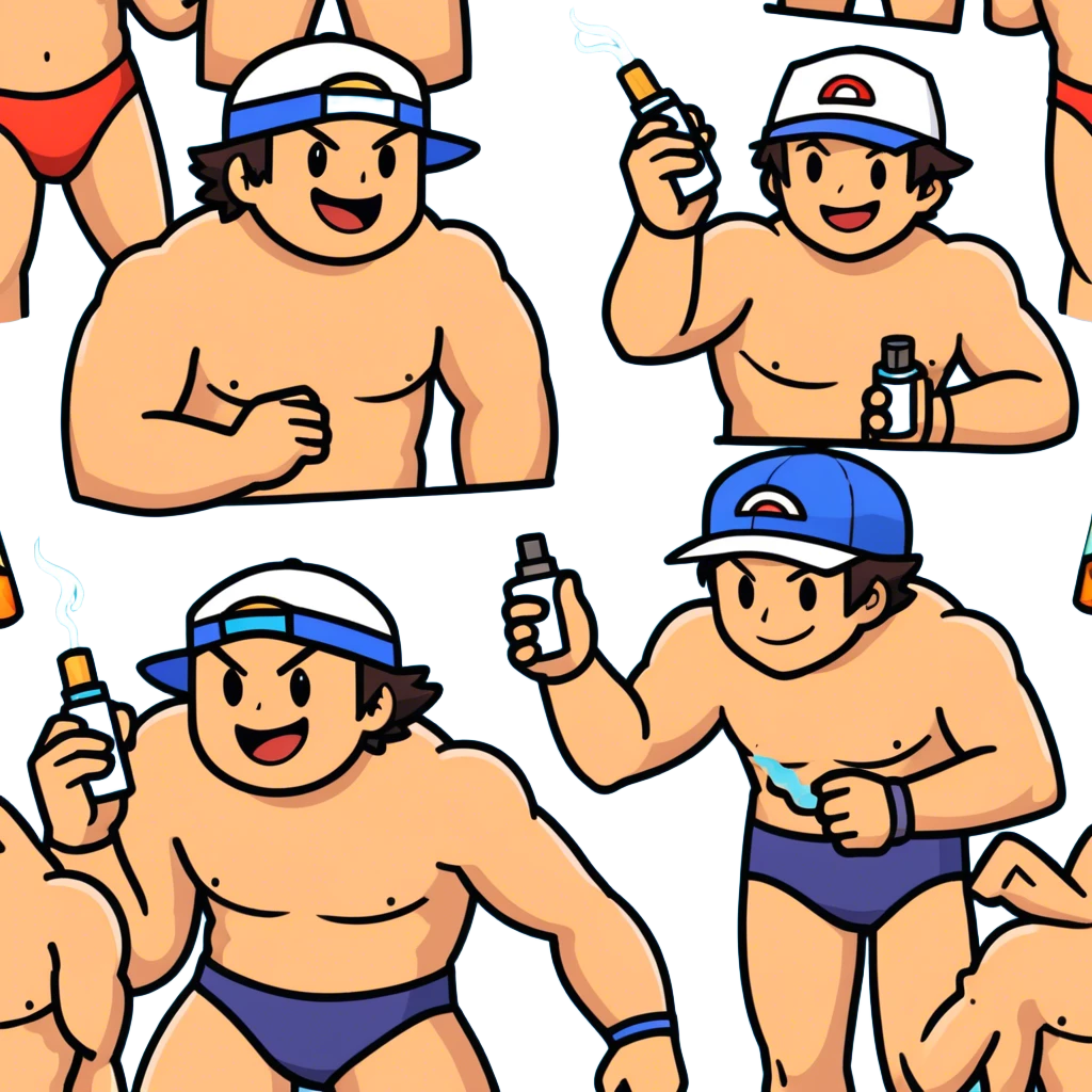 Hot handsome muscular 6ft 5inch tall smiling happy fun shirtless Ash Ketchum bugging two best friends in swimwear while using a vape emoji