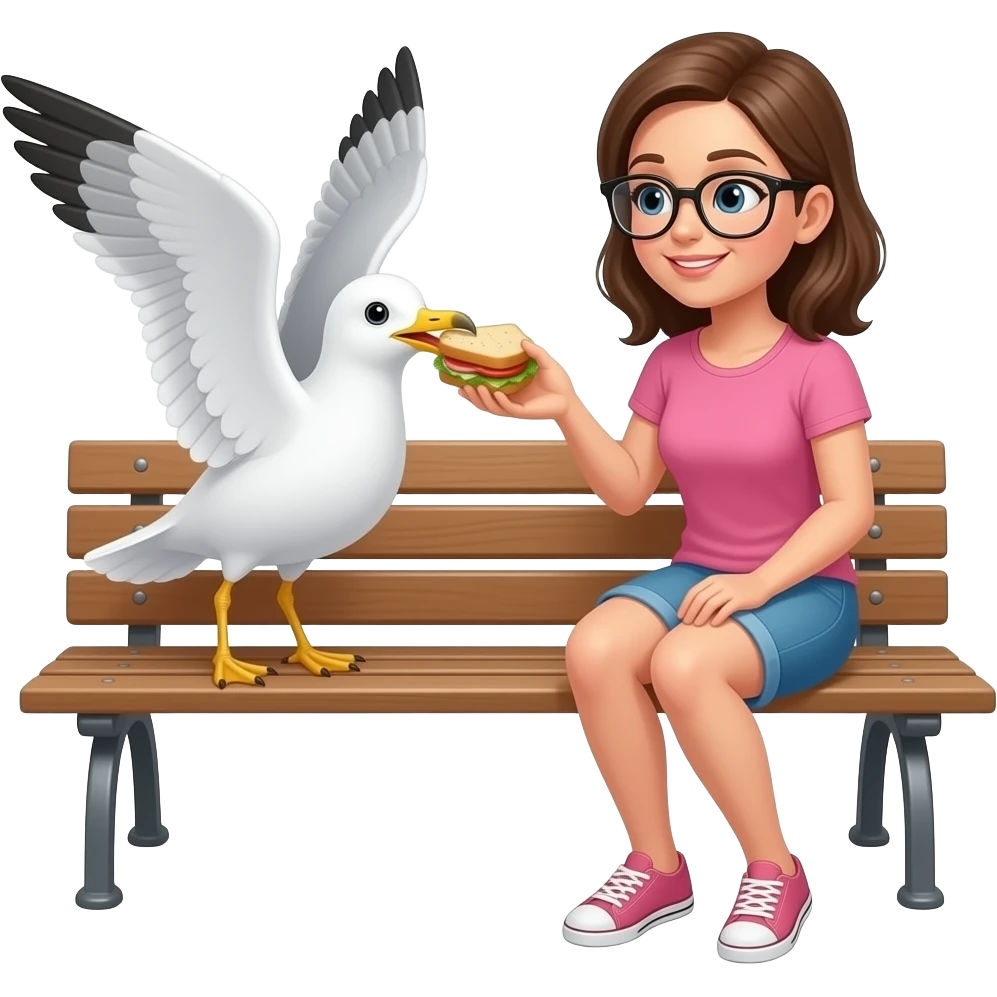 Seagull stealing a sandwich from a woman sitting on a bench emoji