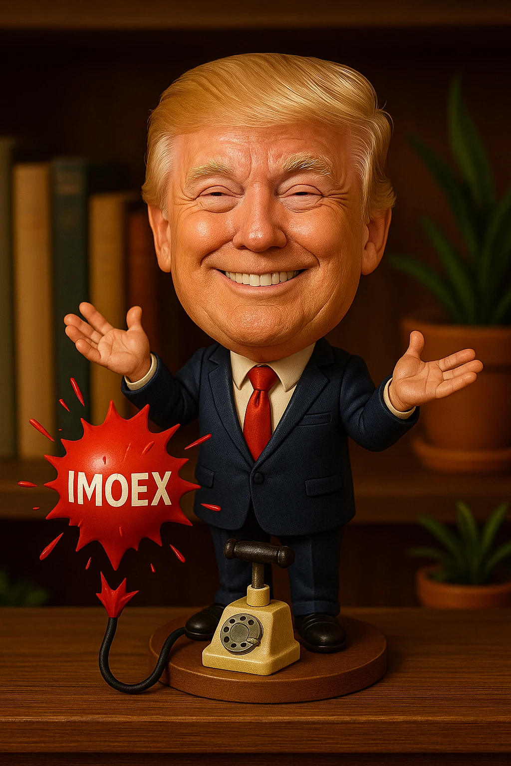 Точно такой же Дональд Трамп с точно такими же вещами как на картинке разводит руками с улыбающимся лицом, а шарик MOEX взрывается, мол извините emoji