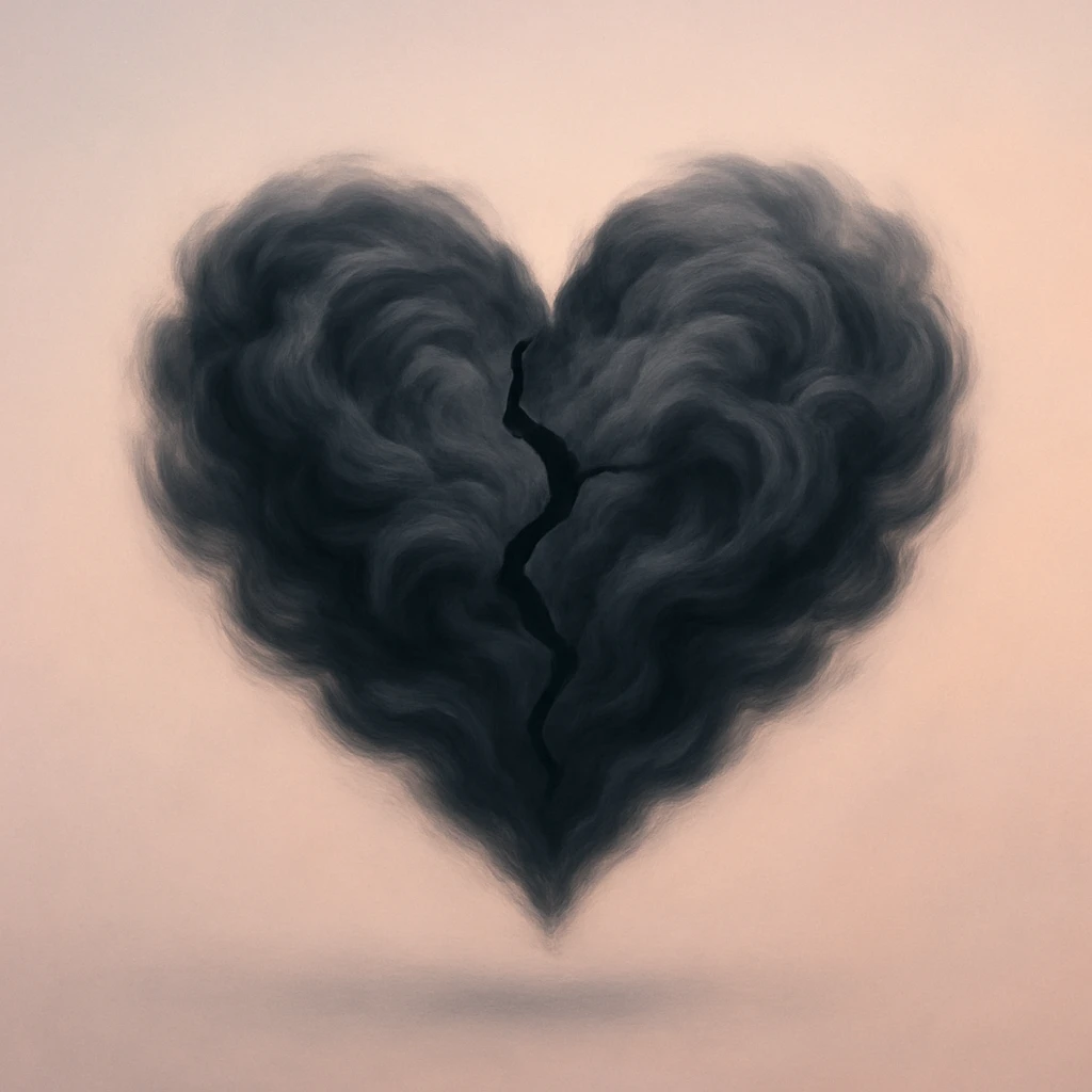cracked heart constructed from swirling, dark clouds, floating on a minimalist pastel background, abstract, soft gradient aesthetic emoji
