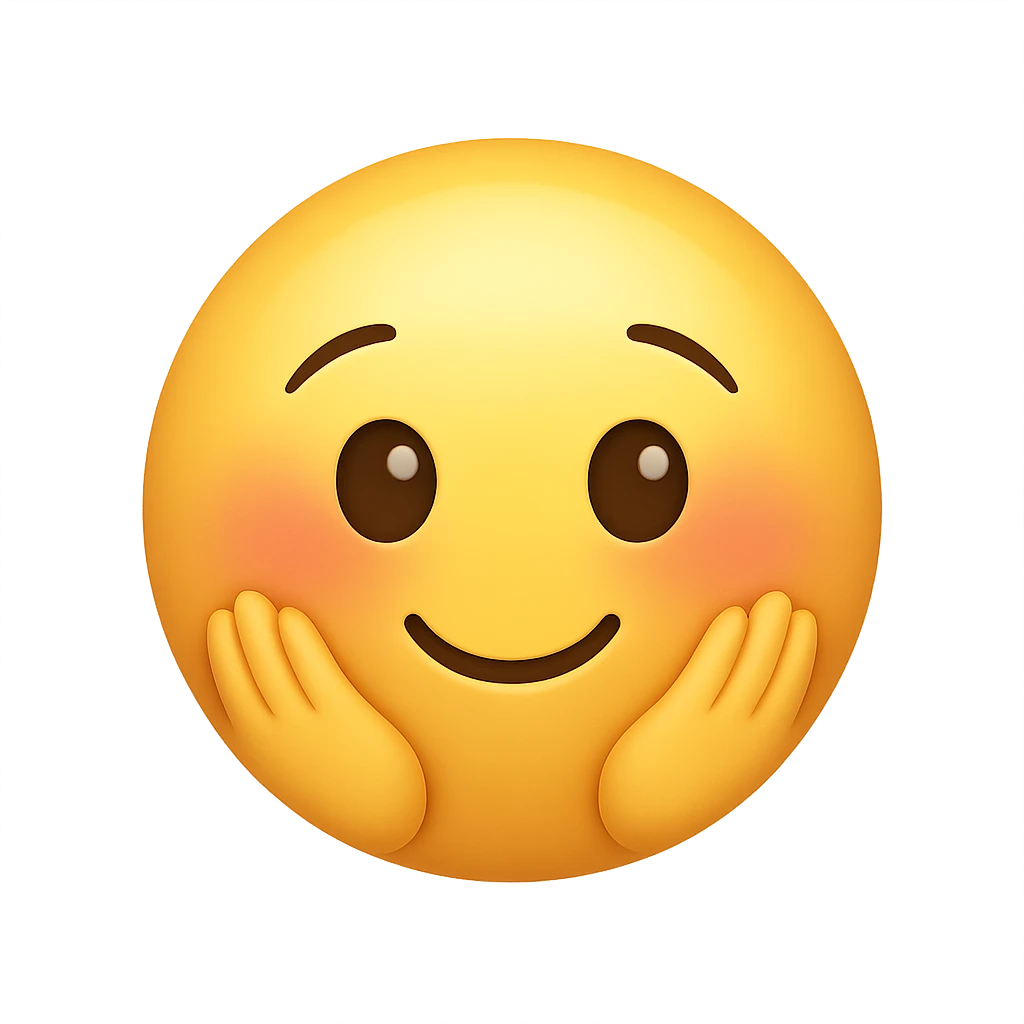 cute emoji, round face, shy smile, hands on cheeks, blushing emoji