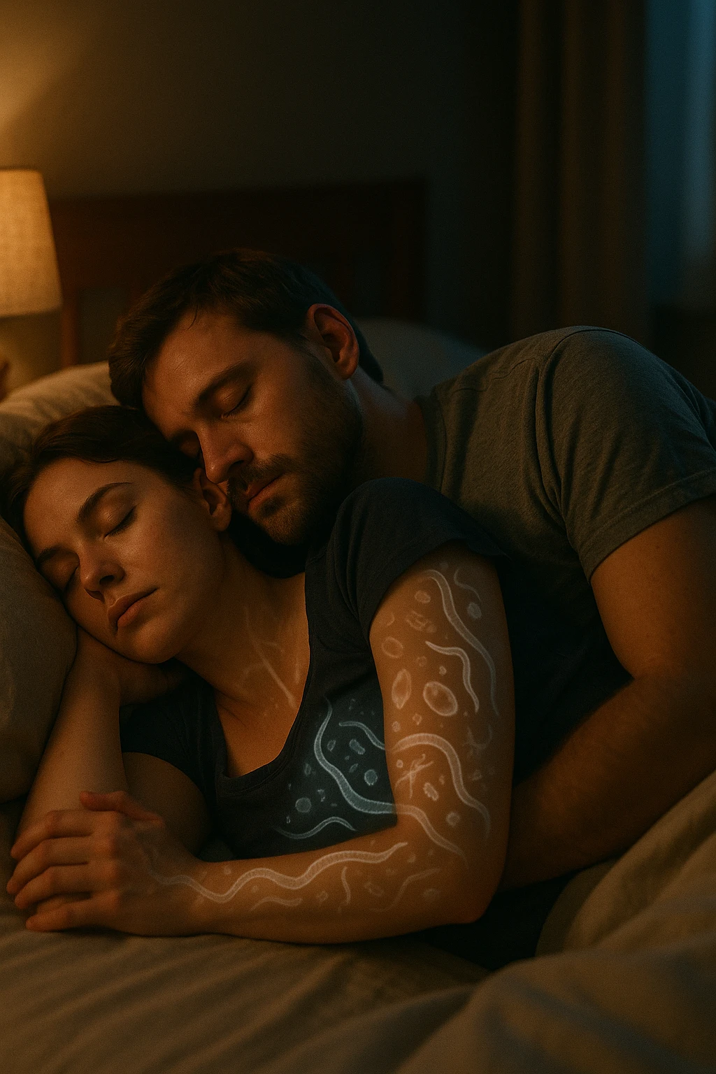 A hyper-realistic, cinematic image of a man and a woman sleeping together in the same bed under soft, dim night lighting, with their bodies close and touching. Their skin appears slightly illuminated where it touches, and under a subtle x-ray style overlay, faint ghostly silhouettes of microscopic parasites and worm-like organisms are visible crawling transdermally between their bodies, symbolizing silent, unnoticed parasite transmission during sleep. The environment is a cozy bedroom with warm tones, but the presence of the glowing parasites creates a slightly unsettling feeling, emphasizing the hidden danger. Their faces are calm, unaware, symbolizing the unconscious nature of the transmission. The image is detailed with a 35mm film hyperrealistic aesthetic, focusing sharply on the point of contact between their skin where the parasites pass, while the background remains softly blurred. The color palette uses muted warm browns and soft moonlight blues to maintain a nighttime, intimate feeling, contrasting with the translucent, glowing parasites to illustrate the hidden risk of transdermal parasite transmission while sharing a bed emoji