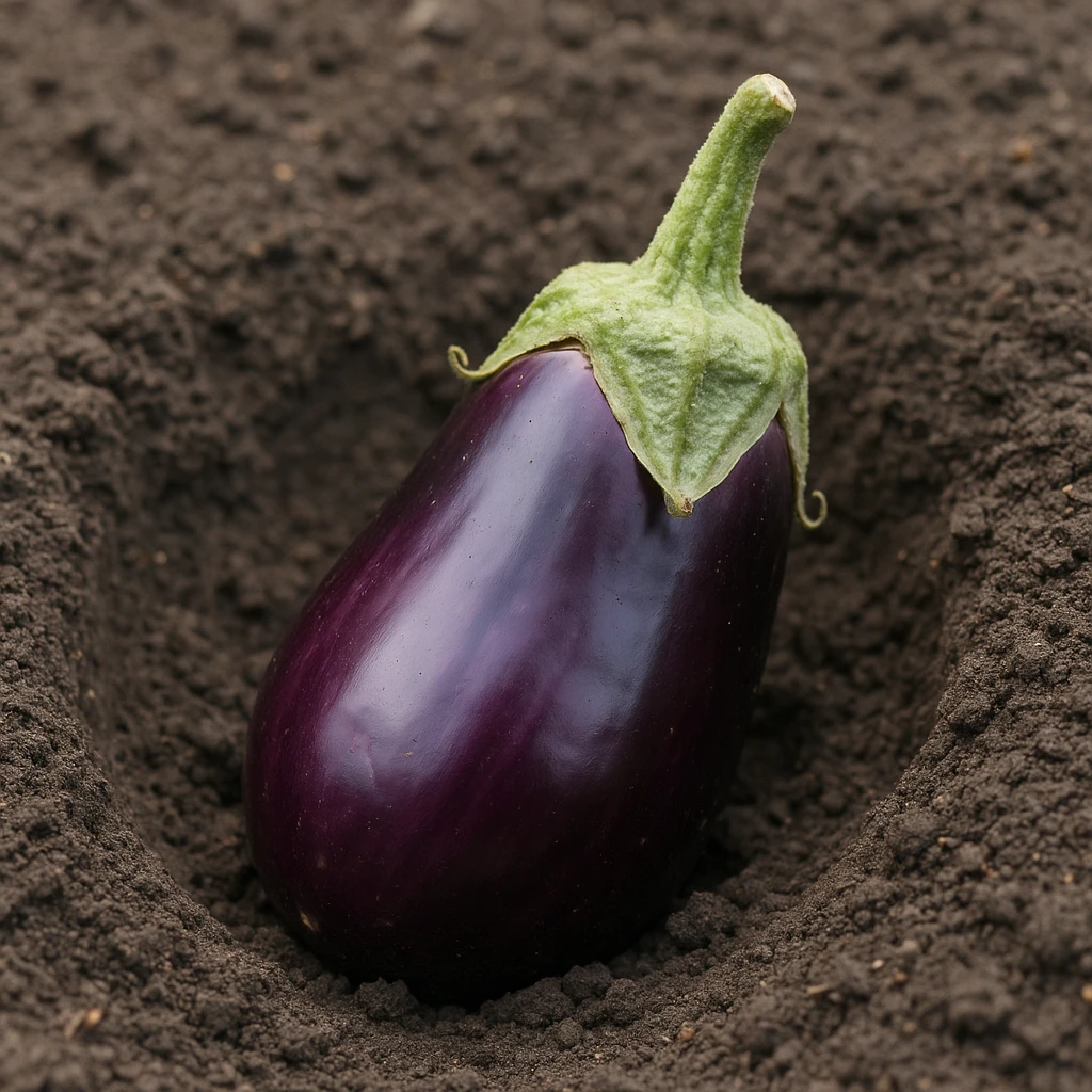 realistic eggplant partially buried in a dirt hole emoji