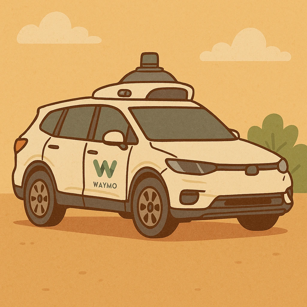Waymo self-driving car, modern and clean, visible sensors and lidar, simple background, flat warm colors illustration style emoji