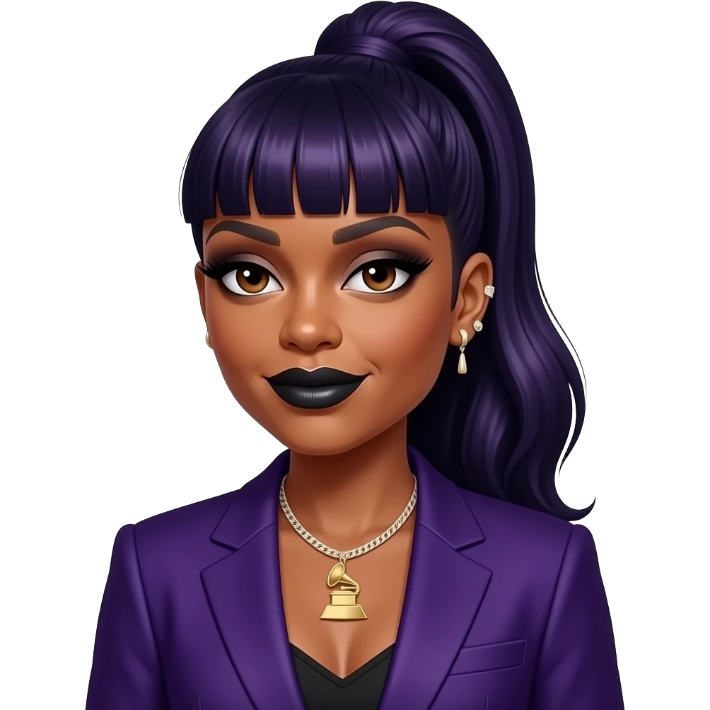 Missy Elliott with brown eyes, long dark indigo high ponytail bang hair, black eyeshadow, black lipstick, dark purple grammy suit jacket, necklace and earrings emoji