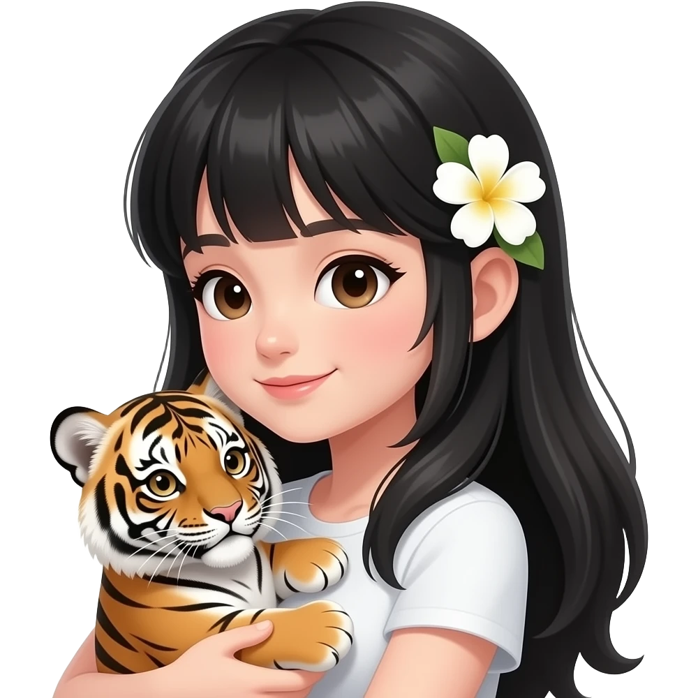Garota de cabelos preto franjinha com os cabelos grandes, de lado é com um bebê tigre no colo com uma flor no cabelo emoji