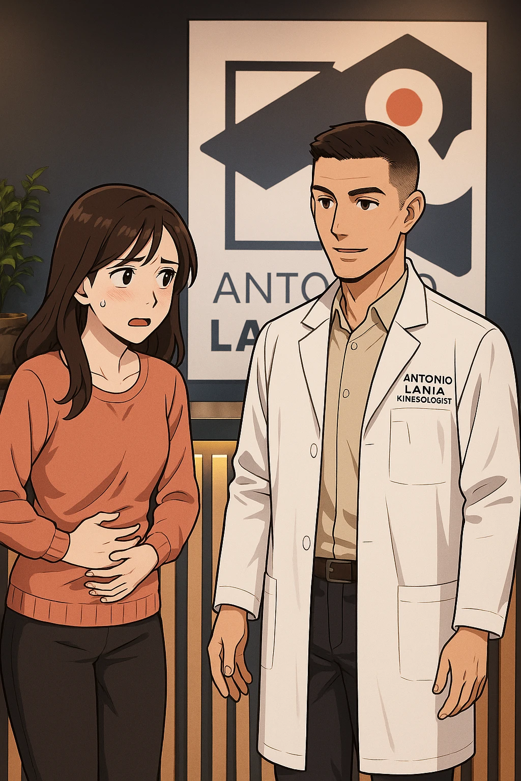 su questo stile fai un manga/webtoon a colori in cui una donna si lamenta che sta male e ha mal di pancia, l'uomo della foto in stile manga gli risponde, mantieni un ambiente simile alla foto che ho allegato con il suo logo (sarebbe il suo studio, lui è un kinesiologo), non mettere fumetti, ma fai in modo che sembri che la donna chiede una cosa e l'uomo risponde alla sua domanda emoji