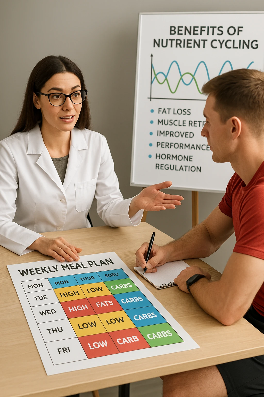 a nutritionist explains to an athlete how to cycle macronutrients for fat loss and training. On the desk, a weekly meal planner shows alternating high-carb and low-carb days, with color-coded sections for proteins, fats, and carbs. The athlete takes notes, and a chart in the background illustrates the benefits of nutrient cycling. The mood is professional and educational. scritto in italiano emoji