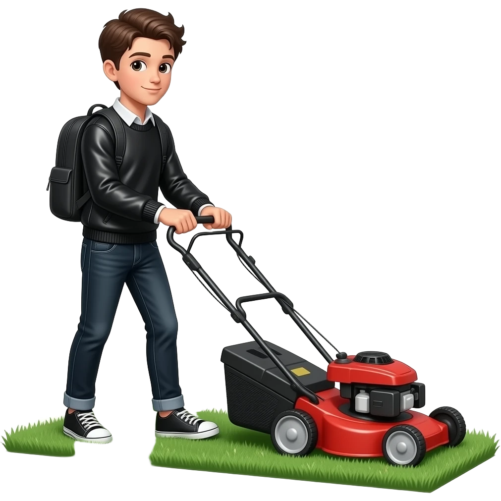 fekete bő szabású farmer nadrág, fekete bő pulóver, black hátitáska z generációs fiú mowing the lawn with a lawn mower emoji