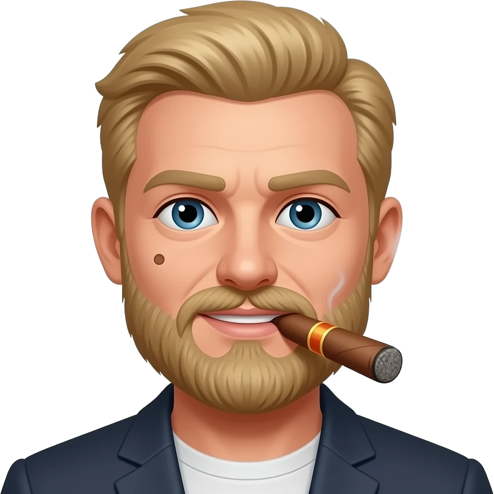 Big Blonde hair Guy with a beard and Mole on his face smoking a cigar emoji