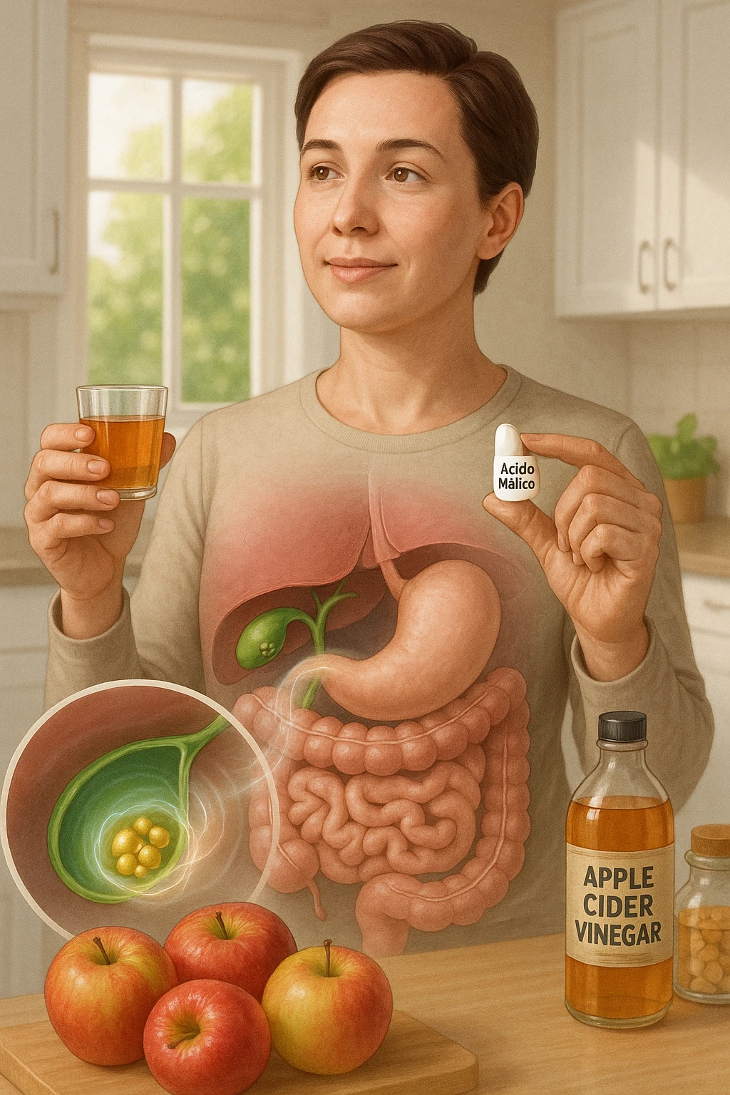 A detailed, realistic illustration or photo-style image showing a person holding a small glass of apple cider vinegar in one hand and a capsule labeled ‘Acido Malico’ in the other. In the foreground or as an overlay, a semi-transparent anatomical view of the abdomen highlights the gallbladder with visible small gallstones inside. Around the gallstones, gentle glowing waves or soft dissolving effects symbolize the softening or breakdown of the stones due to the natural acids. The person looks hopeful and calm, in a bright kitchen setting with fresh apples and natural health products on the counter. The overall mood is informative, natural, and hopeful about non-invasive, natural support for gallstone health emoji