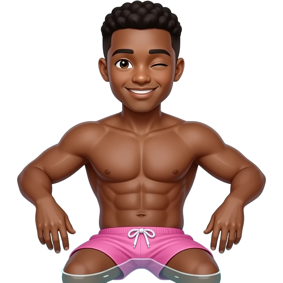 make a cute 20 year old man who’s skin is black sitting in a hot tub with a 10 pack of abs with pink swim shorts winking too emoji