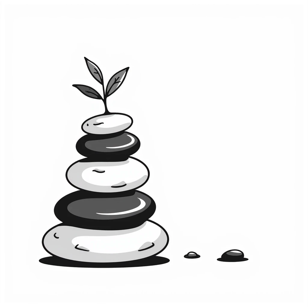 A zen-like balanced stack of smooth stones with a small plant growing beside it, representing balance and stress relief. Simple hand-drawn doodle style. emoji
