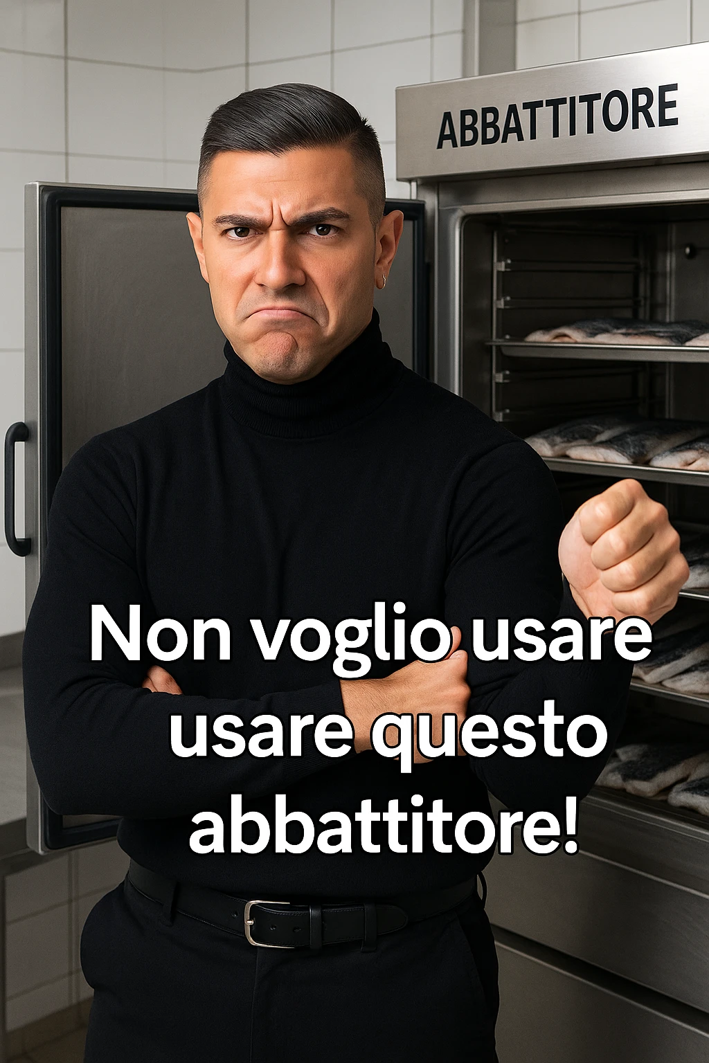 a man stands in front of a commercial fish blast freezer (abbattitore), arms crossed and a displeased, skeptical expression on his face. He shakes his head or gives a thumbs down, clearly rejecting the use of the freezer. The background shows a professional kitchen or fish processing area, with trays of fish ready for freezing. in italiano emoji