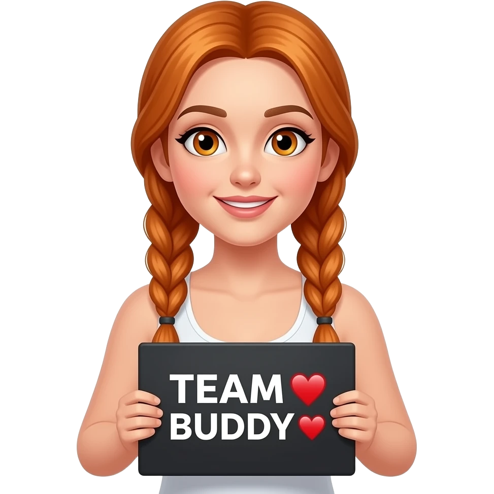 sexy girl with long ginger braids and ginger eyes wearing a white tanktop is holding a black sign with TEAM 💟BUDDY💟 written on it emoji