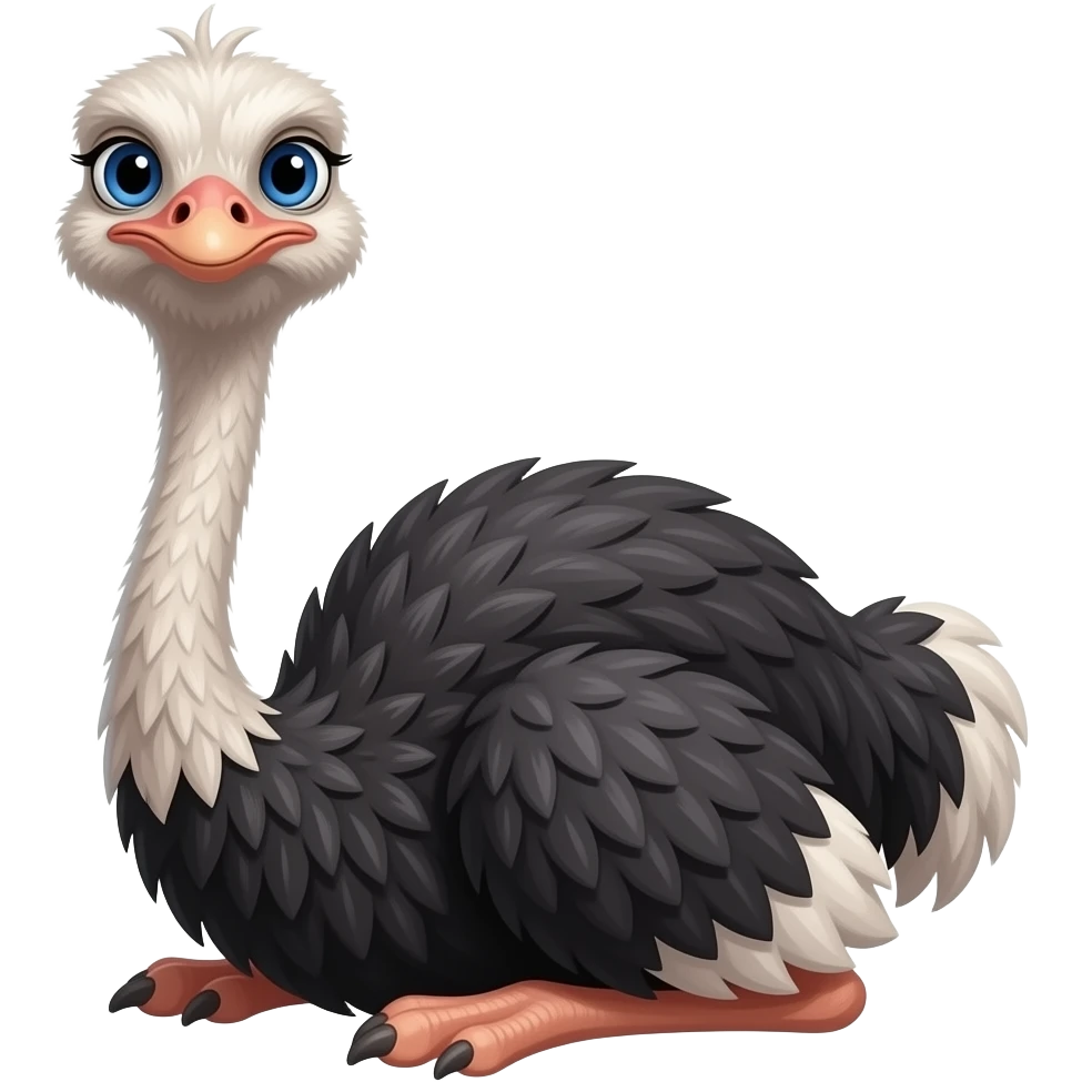 Ostrich sitting down facing the front with blue eyes and fluffy hair on top its head emoji