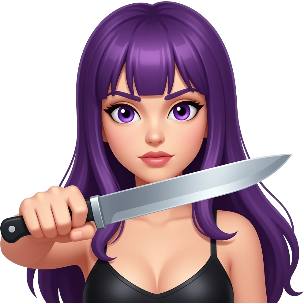 sexy girl with long purple hair and purple eyes is attacking with a knife emoji