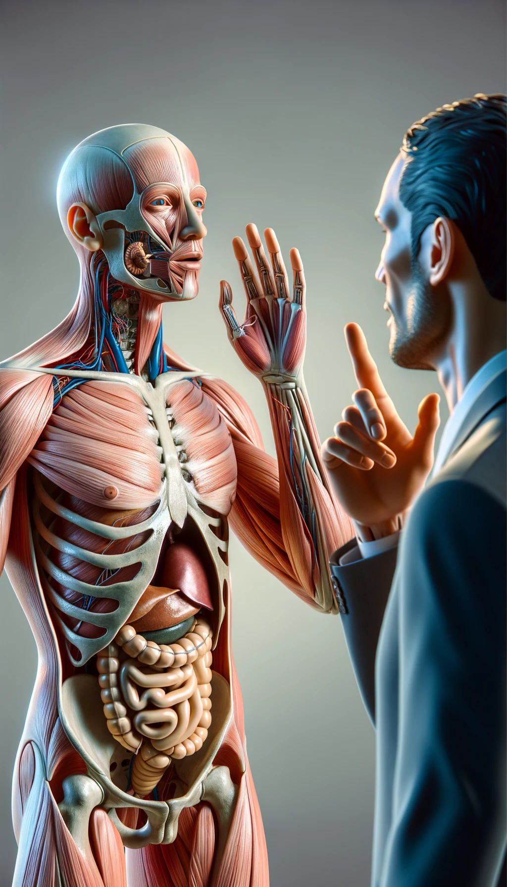 corpo umano anatomico che parla ma sopra di lui c'è il muto, un altra persona lo ascolta, immagine iperrealistica 4k emoji