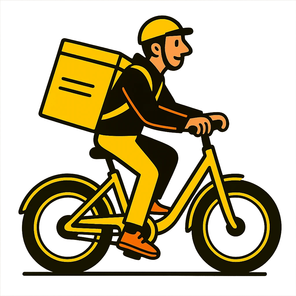 A courier on a yellow electric bike, wearing yellow and black clothes rides from left to right. On his back is a yellow food delivery bag. emoji