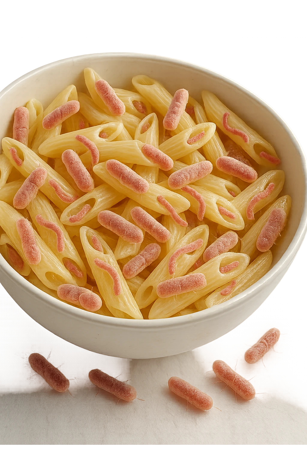 BOWL DI PASTA CON BATTERI INTESTINALI DENTRO, iperrealistico 4k, SFONDO BIANCO emoji