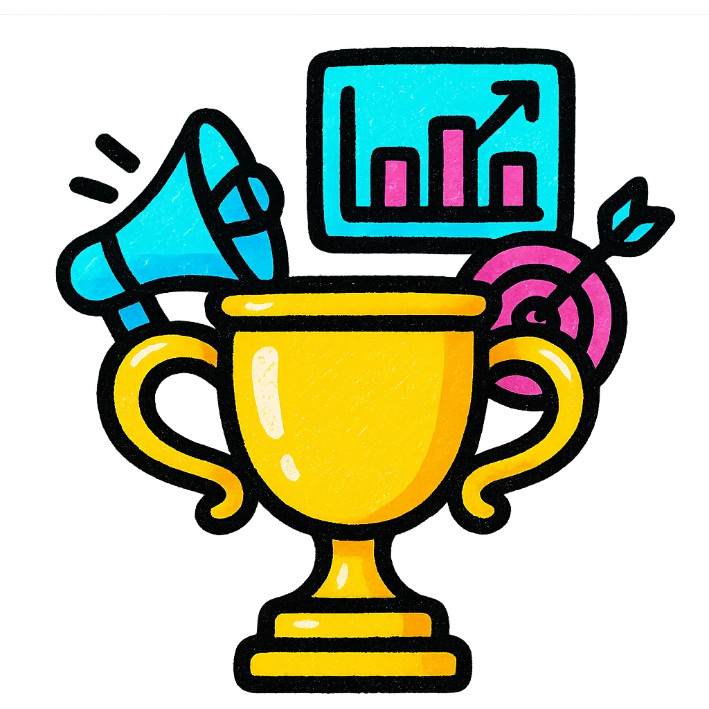golden trophy with marketing elements like megaphone, chart, and target, energetic and professional style emoji