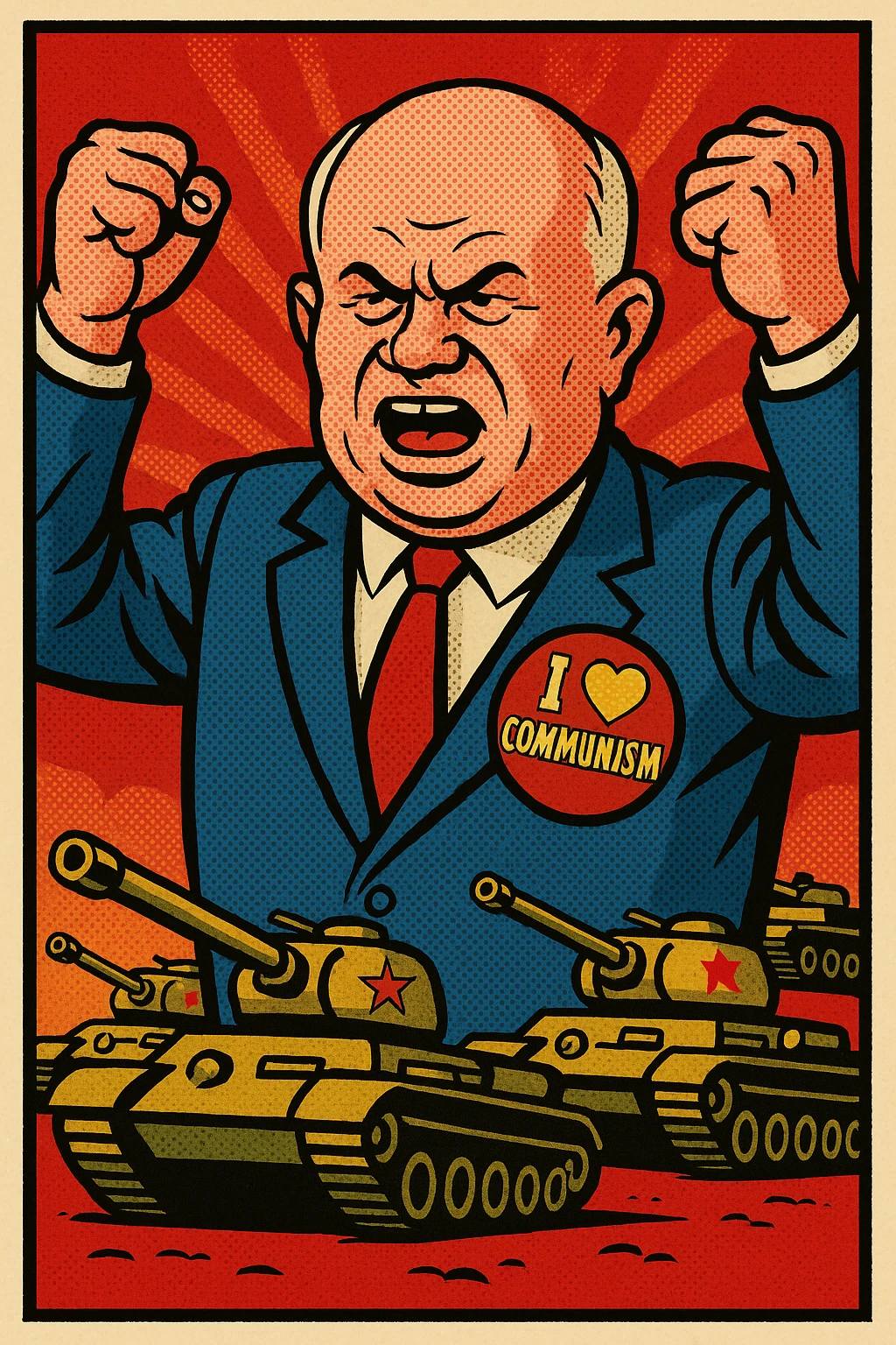 Soviet leader Khrushchev looking aggressive holding his fists in the air. He is wearing a blue suit with a large 'I love Communism' sticker on his chest.  In the background are soviet tanks. emoji