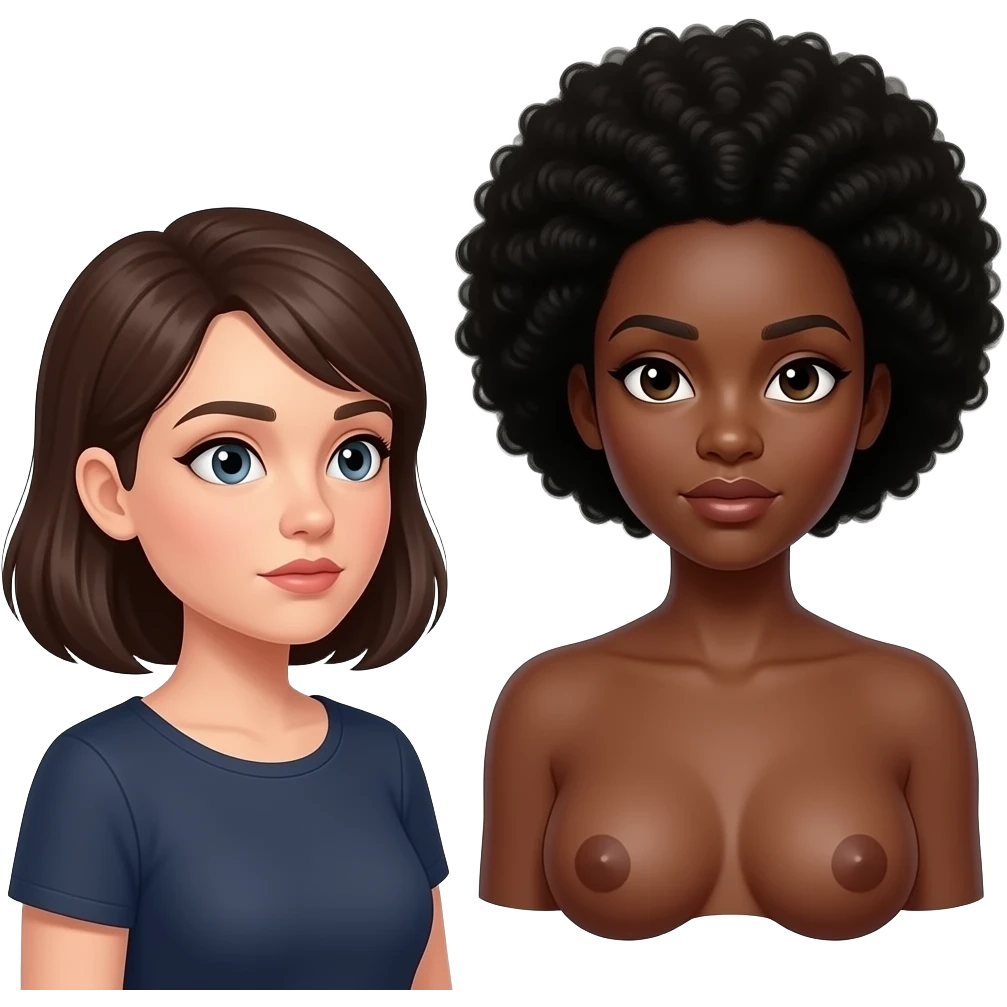 A woman stares intently thirsty at a black womans breasts emoji