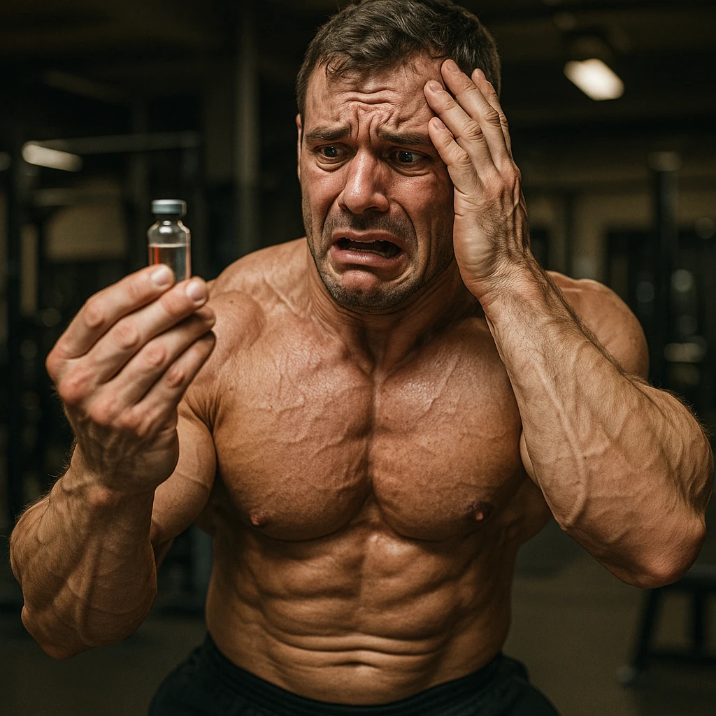  bodybuilder che si fa prendere dalla paura e fa cavolate, come una fiala ogni 2 settimane finisce che sopprimi comunque l'HPT ma senza alcun risultato visibile, iperealistica  emoji