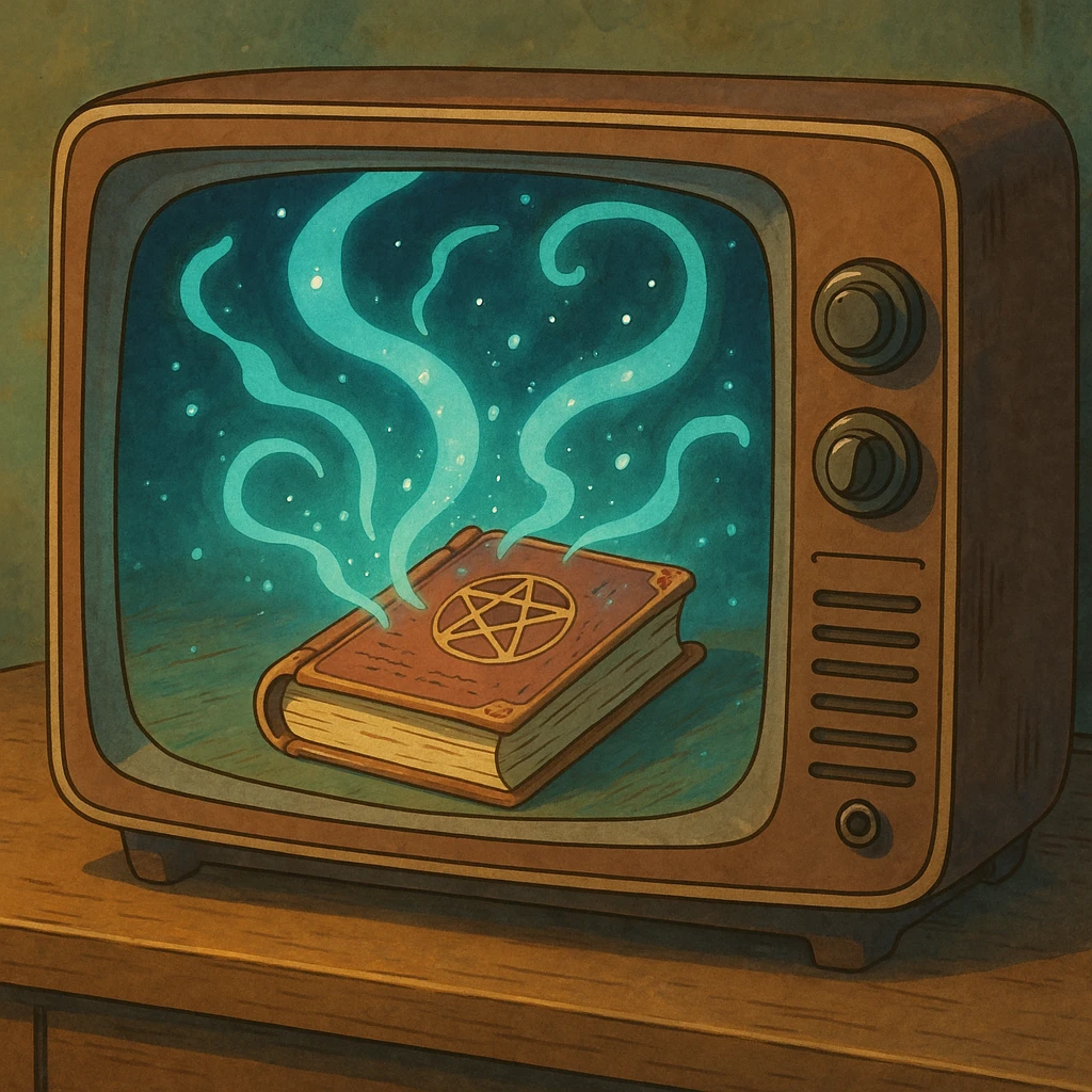 retro television with a mystical spell book on the display, magical energy swirling out, ghibli-inspired art emoji